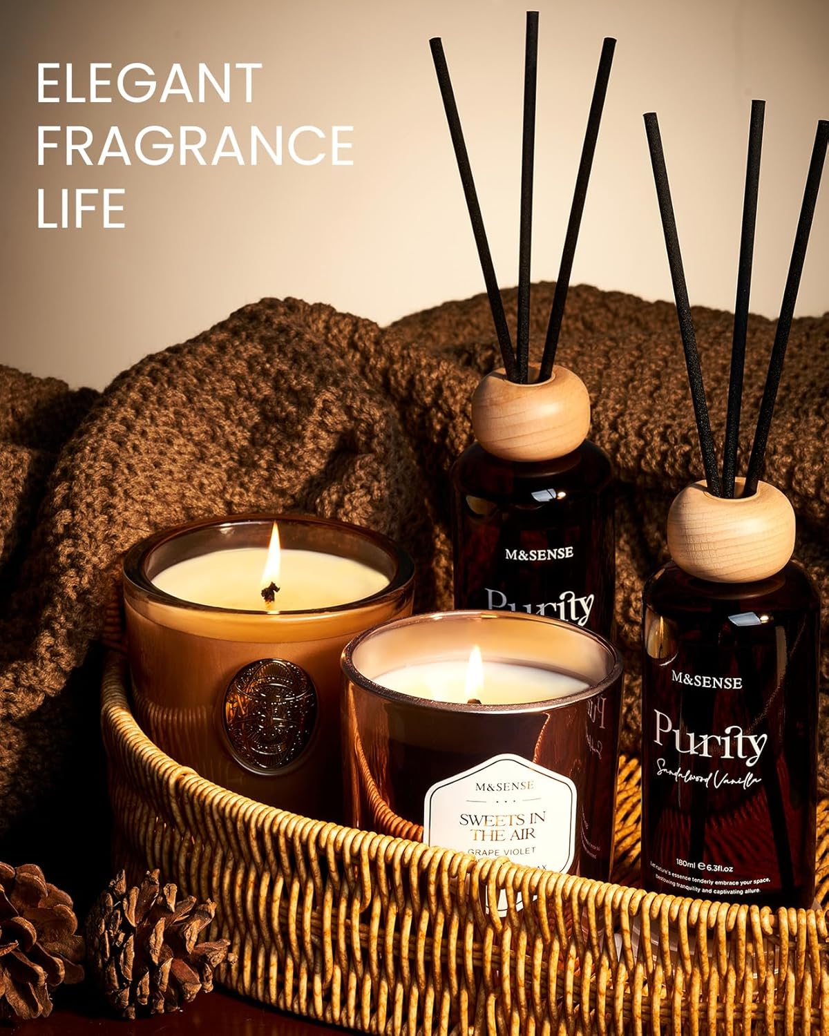 M&SENSE Reed Diffuser Set, Jasmine Sandalwood Scented 6.3 fl oz Natural Essential Oil Diffusers with Sticks, Non-Toxic Organic Air Freshener, Long-Lasting Fragrance Oils for Home Bathroom Living Room