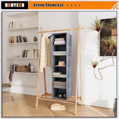 Hanging Closet Organizer 3-Shelf, Oxford Fabric Wardrobe Storage, Gray | Easy-mount foldable design holds clothes, handbags, shoes & accessories; washable Oxford fabric, sturdy and space-saving.