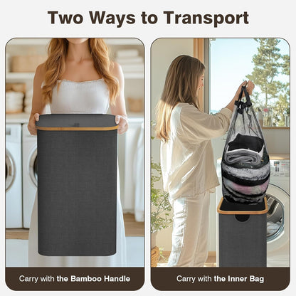160L Laundry Hamper with Lid, 3 Section Laundry Basket with 3 Removable Bag | Clothes Hampers for Laundry with Bamboo Frame Handle, Large Dirty Clothes Hamper for Laundry Room, Bathroom, Bedroom, Black