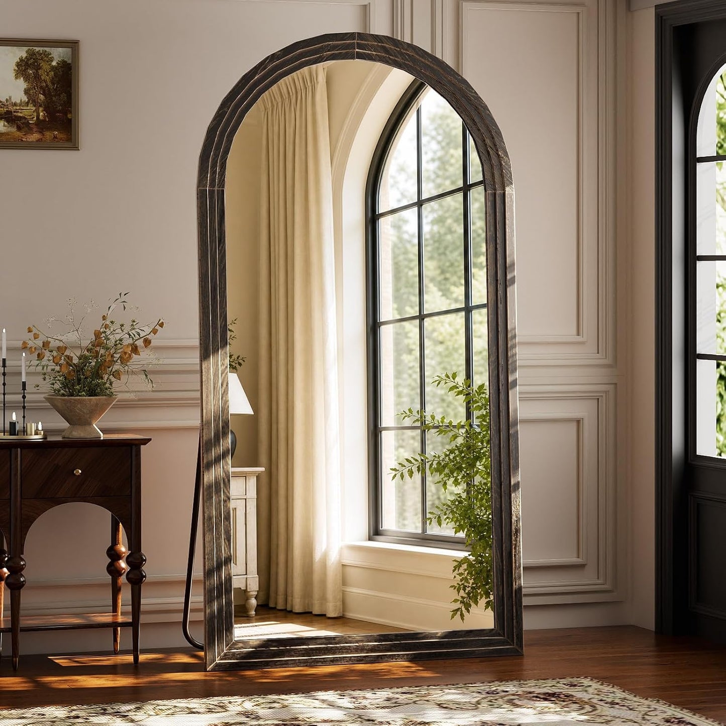 XRAMFY Full Length Mirror 65" x 22", Arched Large Floor Mirror with Solid Wood Frame, Freestanding & Wall Mounted, Antique Brown Finish for Bedroom Living Room