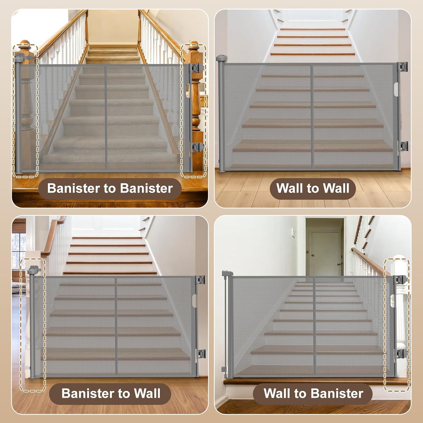 Upgraded Retractable Baby Gates for Stairs & Banister, Mesh Dog Gate Indoor, Extends to 55" Wide 33" Tall, Child Safety Gate for Stairway, Banister & Wall Mount (White)
