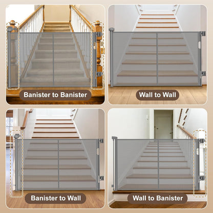 Upgraded Retractable Baby Gates for Stairs & Banister, Mesh Dog Gate Indoor, Extends to 55" Wide 33" Tall, Child Safety Gate for Stairway, Banister & Wall Mount (White)