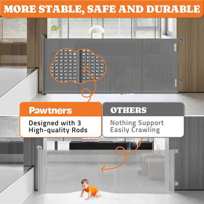 Pawtners Retractable Baby Gates Extra Wide, 41" Tall Extends up to 71" Wide, Dog Gate Indoor for Stairs, Pet Gate with Support Rods for Doorways Hallways Indoor & Outdoor-Black