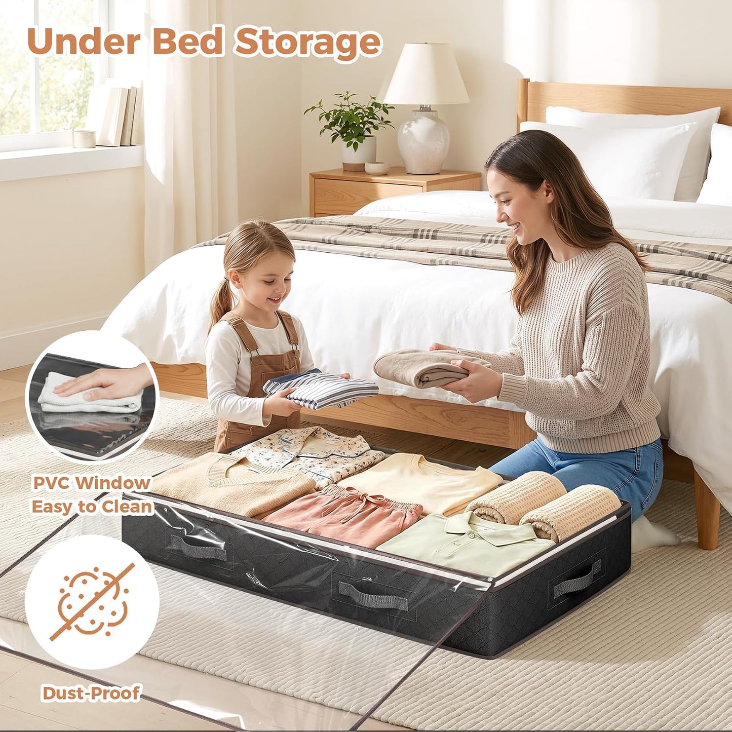 Budding Joy 90L Under Bed Storage Containers, 4 Pack Closet Organizers Grey | Foldable underbed storage bins for linen sheets, blanket, clothing, comforter, sweaters, pillows, wrapping paper