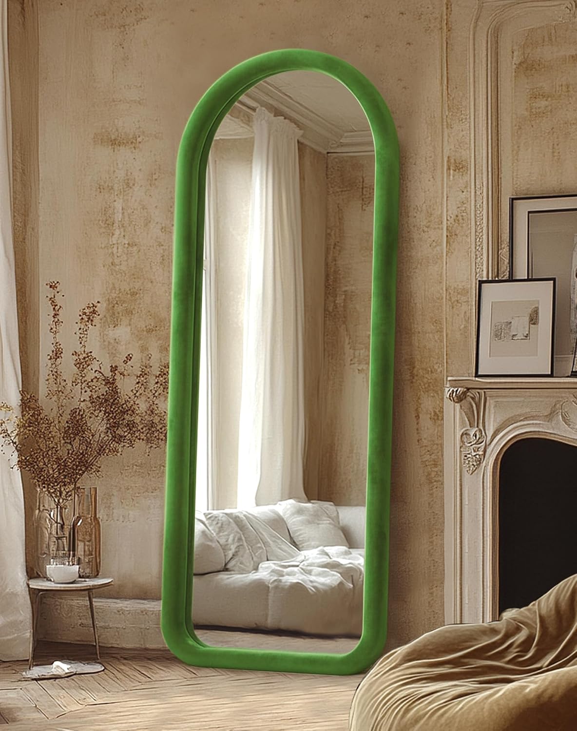 Delma Arched Full Length Mirror, Free Standing Floor Velvet Finish Frame Mirror for Leaning or Hanging, Soft Touch Bedroom & Living Room Decor, Brown
