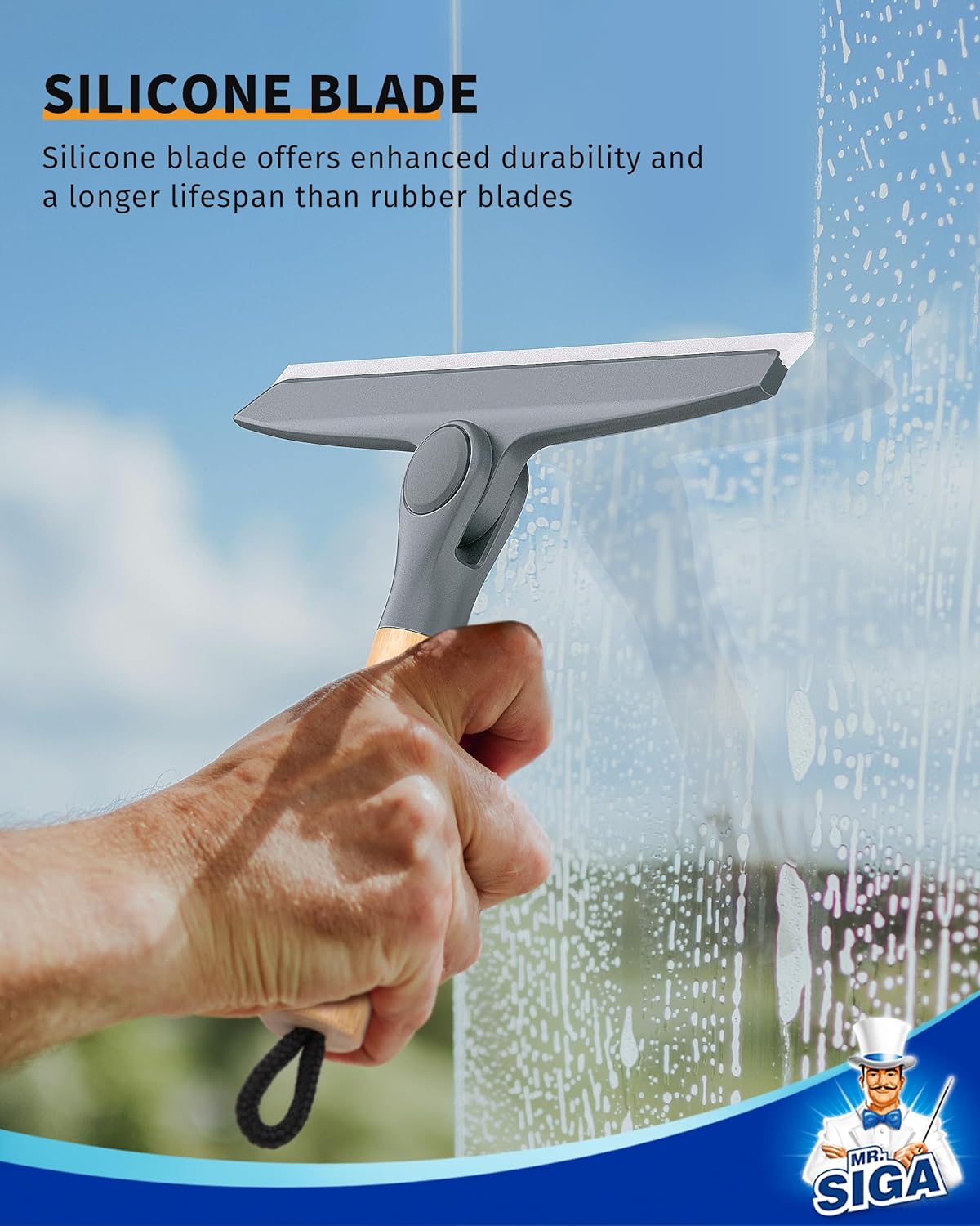 MR.SIGA All Purpose Silicone Squeegee for Shower Door, Mirror, Glass, Streak Free Shower Squeegee, Pivoting Bamboo Handle, Includes 1 Suction Hook, 10 inch Wide, 1 Pack