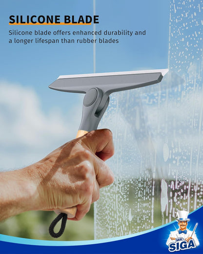 MR.SIGA All Purpose Silicone Squeegee for Shower Door, Mirror, Glass, Streak Free Shower Squeegee, Pivoting Bamboo Handle, Includes 1 Suction Hook, 10 inch Wide, 1 Pack