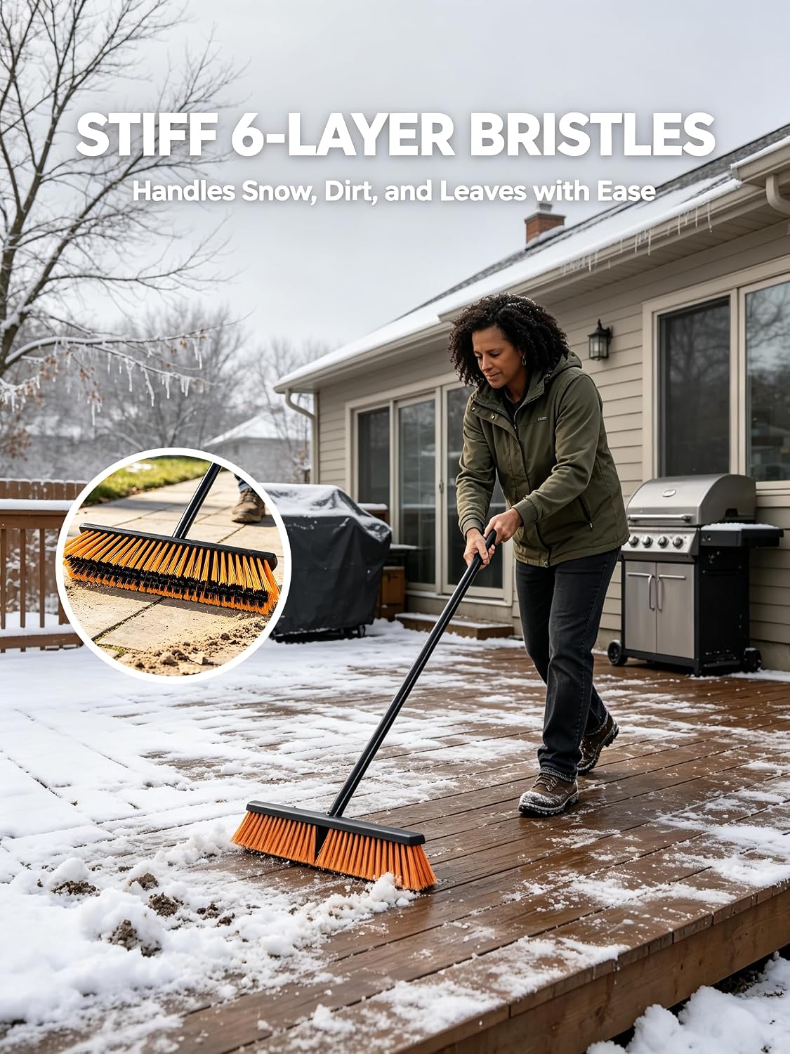 Push Broom, Outdoor Broom, Push Broom Outdoor for Garage, Deck (Orange) | 18‑inch stiff bristle head works as garage, shop & industrial broom for concrete, decks, patios. Ergonomic handle + hook