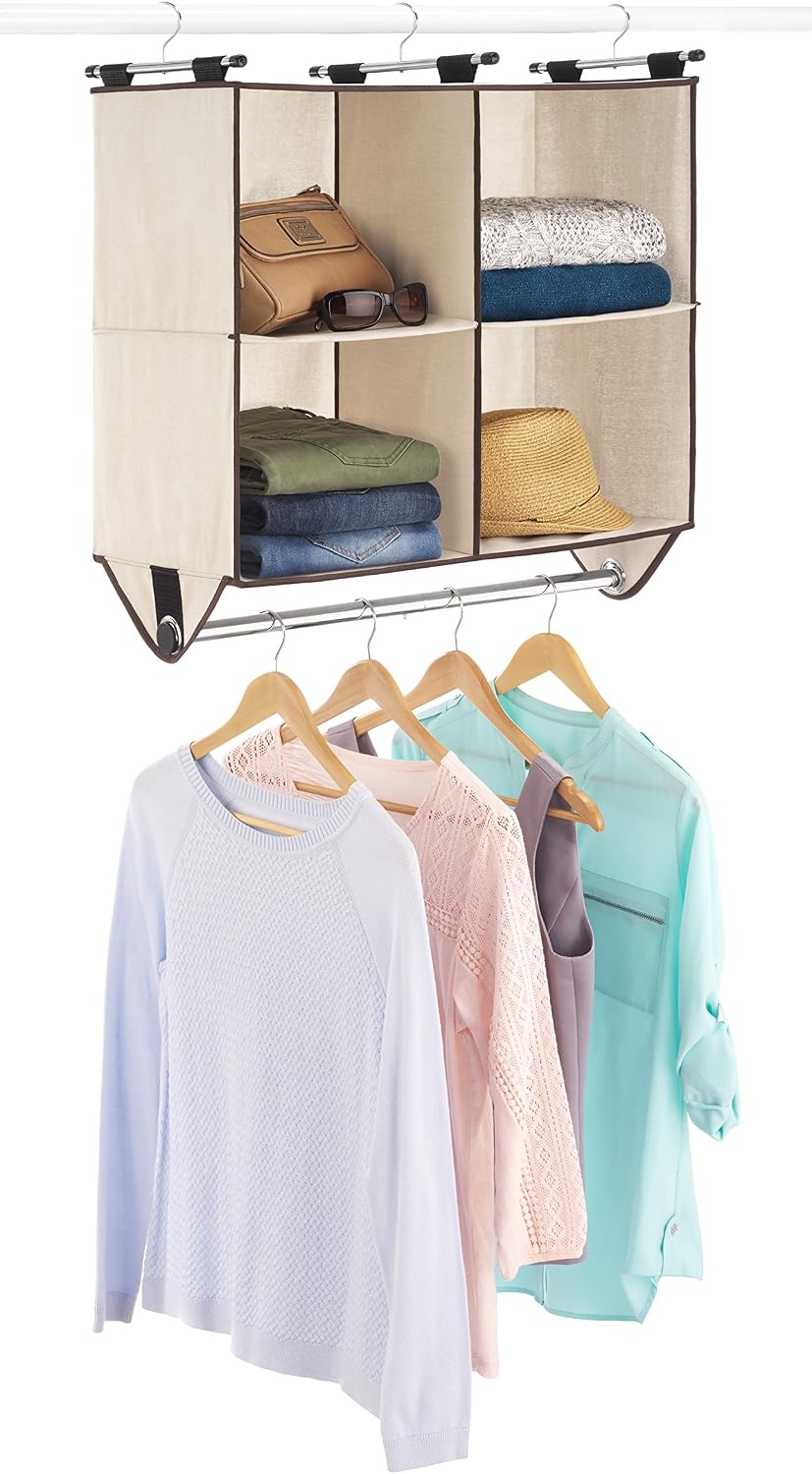 Whitmor 4 Section Fabric Closet Organizer Shelving with Built In Chrome Garment Rod
