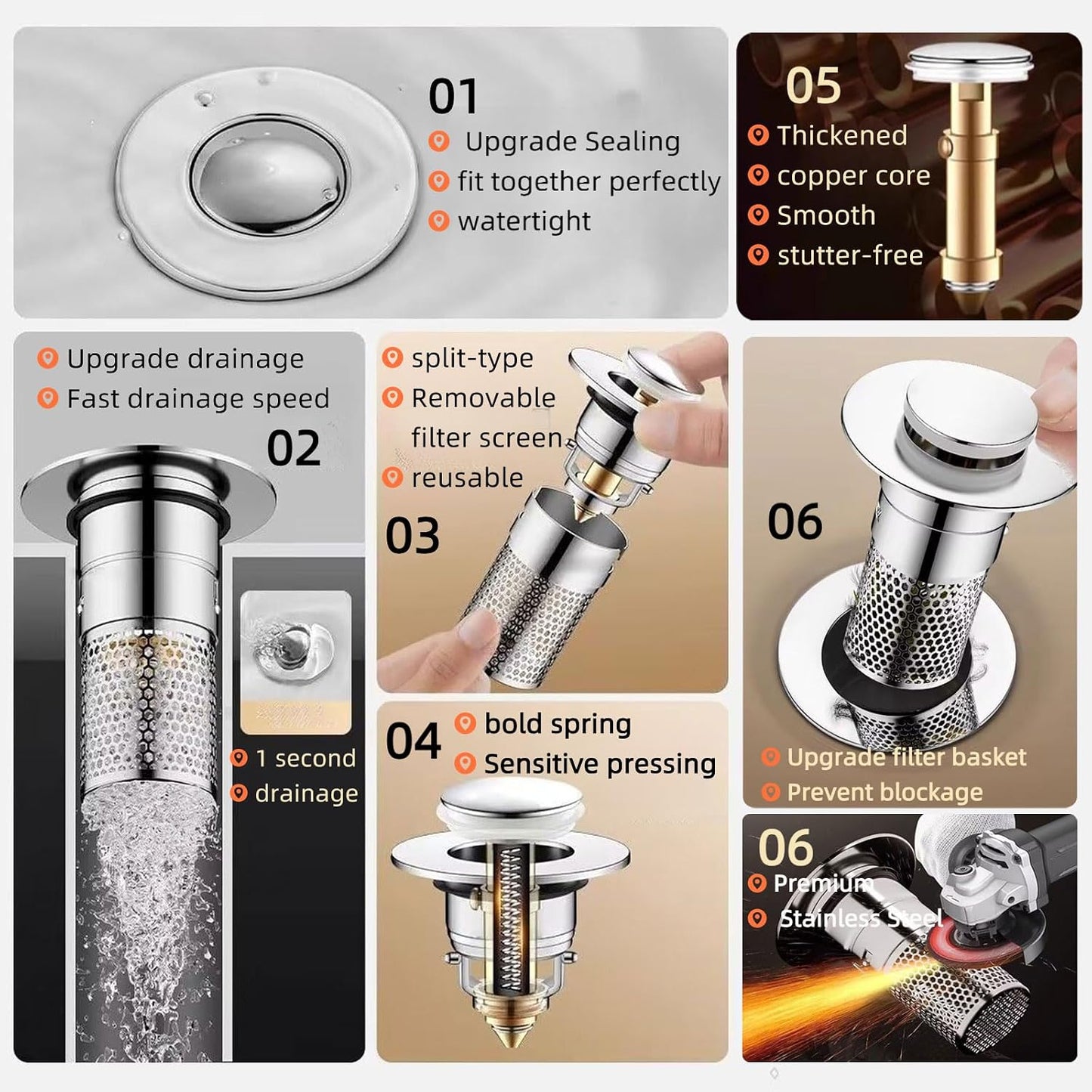 2 PCS 3-in-1 Bathroom Sink Drain Strainer Stopper，Stainless Steel Pop-up Strainer Basket Hair Catcher with Removable Basket, Brass Bullet Core, Universal Fit for Bathtubs, Showers & Floor Drains