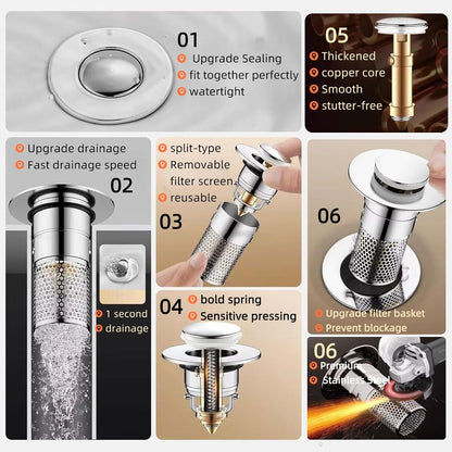 2 PCS 3-in-1 Bathroom Sink Drain Strainer Stopper，Stainless Steel Pop-up Strainer Basket Hair Catcher with Removable Basket, Brass Bullet Core, Universal Fit for Bathtubs, Showers & Floor Drains