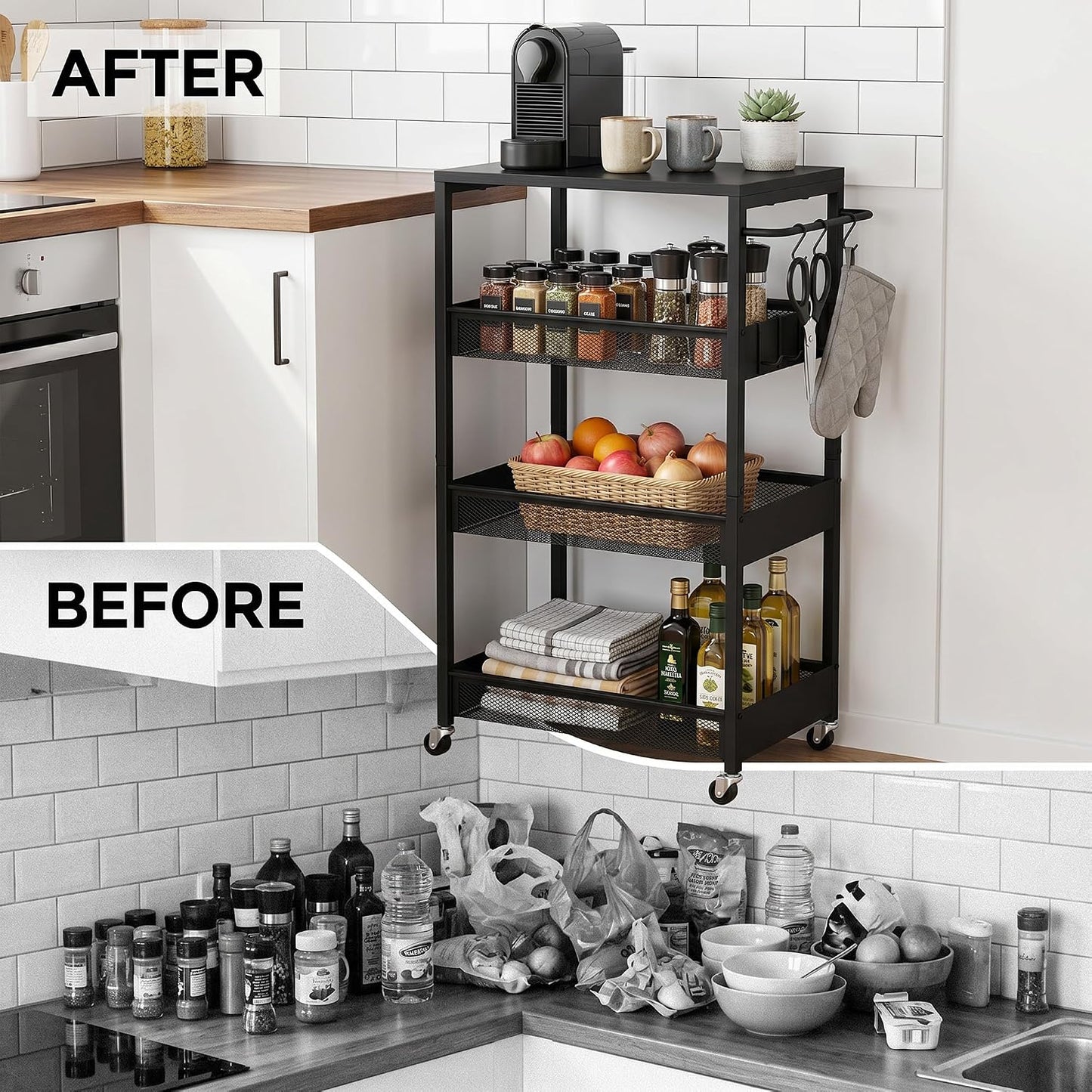 Vincona 7.1" Wide Slim Storage Cart on Wheels, 4 Tier Metal Narrow Rolling Cart with Handle and Wood Top, Multifunctional Small Mobile Shelf Unit Organizer Trolley for Laundry, Bathroom, Kitchen
