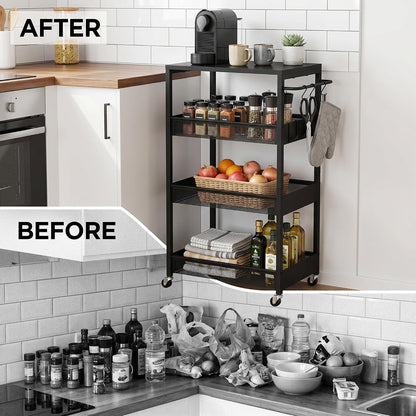 Vincona 7.1" Wide Slim Storage Cart on Wheels, 4 Tier Metal Narrow Rolling Cart with Handle and Wood Top, Multifunctional Small Mobile Shelf Unit Organizer Trolley for Laundry, Bathroom, Kitchen
