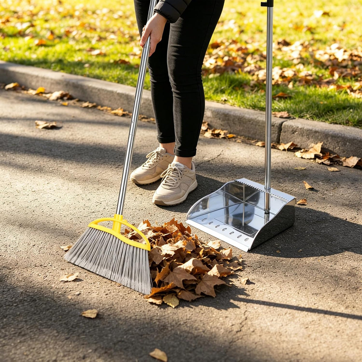 Stainless Steel Dustpan with Outdoor Stiff Bristles Broom,Long Handle Metal Dust Pan and Heavy Duty Broom for Home,Lobby,Office