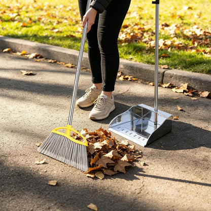 Stainless Steel Dustpan with Outdoor Stiff Bristles Broom,Long Handle Metal Dust Pan and Heavy Duty Broom for Home,Lobby,Office