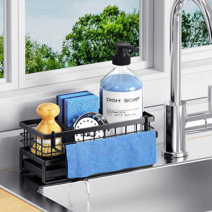 Kitchen Sink Sponge Holder, Rustproof Non-Slip Self-Draining Metal Sink Caddy with Detachable Dish Cloth Holder (Black)