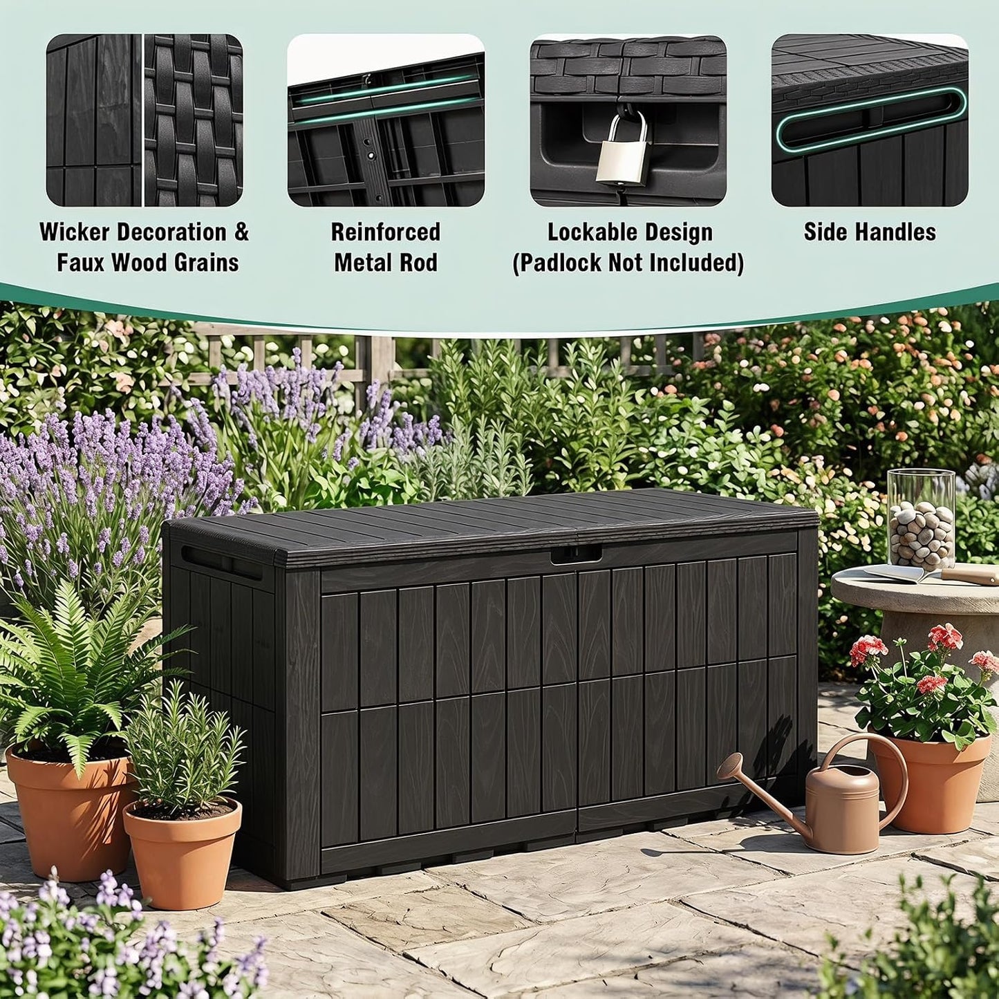 Tangkula 25 Gallon Waterproof Outdoor Storage Box with Lockable Lid | PP Resin, Wicker Patterned, Indoor Outdoor Use, Portable, Versatility, for Deck, Pool, Patio Cushions, Garden Tools