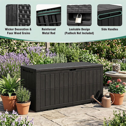 Tangkula 25 Gallon Waterproof Outdoor Storage Box with Lockable Lid | PP Resin, Wicker Patterned, Indoor Outdoor Use, Portable, Versatility, for Deck, Pool, Patio Cushions, Garden Tools
