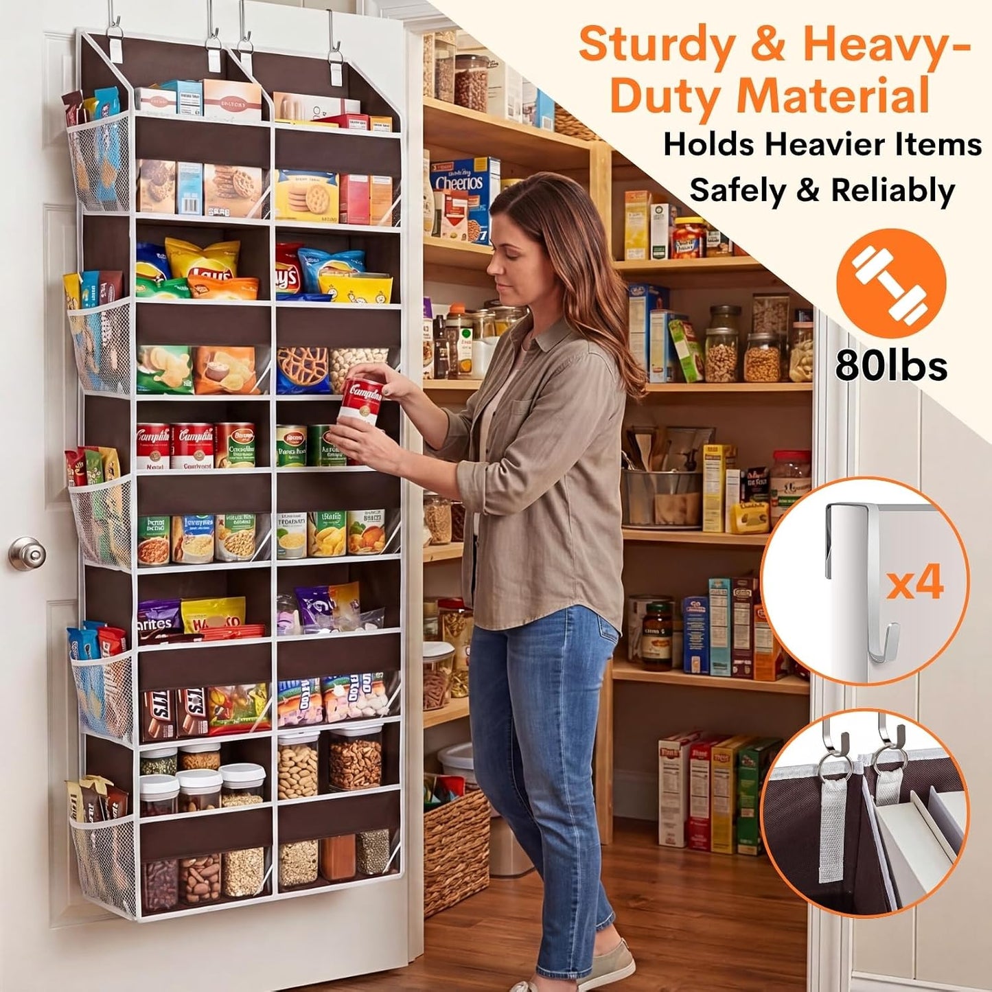 Over The Door Organizer, 5-Tier Extra Large Behind Door Storage with 10 Big Front & 10 Mesh Pockets, 80lb Capacity, Hanging Storage Organizer with Clear Window Kids Toys, Shoes, Diapers, Light Grey