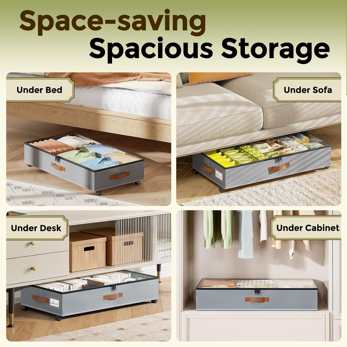 LAMU Under Bed Storage with Wheels, 2 Pack Under Bed Storage Containers with Clear Lids & Label, Rolling Under Bed Drawers for Clothes, Shoes, Blankets, Black