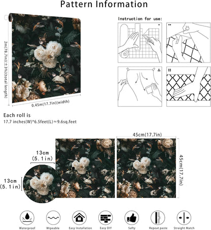 Floralplus Peel and Stick Wallpaper Removable Dark Floral Wallpaper 17.5 x 393 in Renter Friendly Wallpapers for Bedroom Accent Wall Black Floral Contact Paper Flower Wall Mural