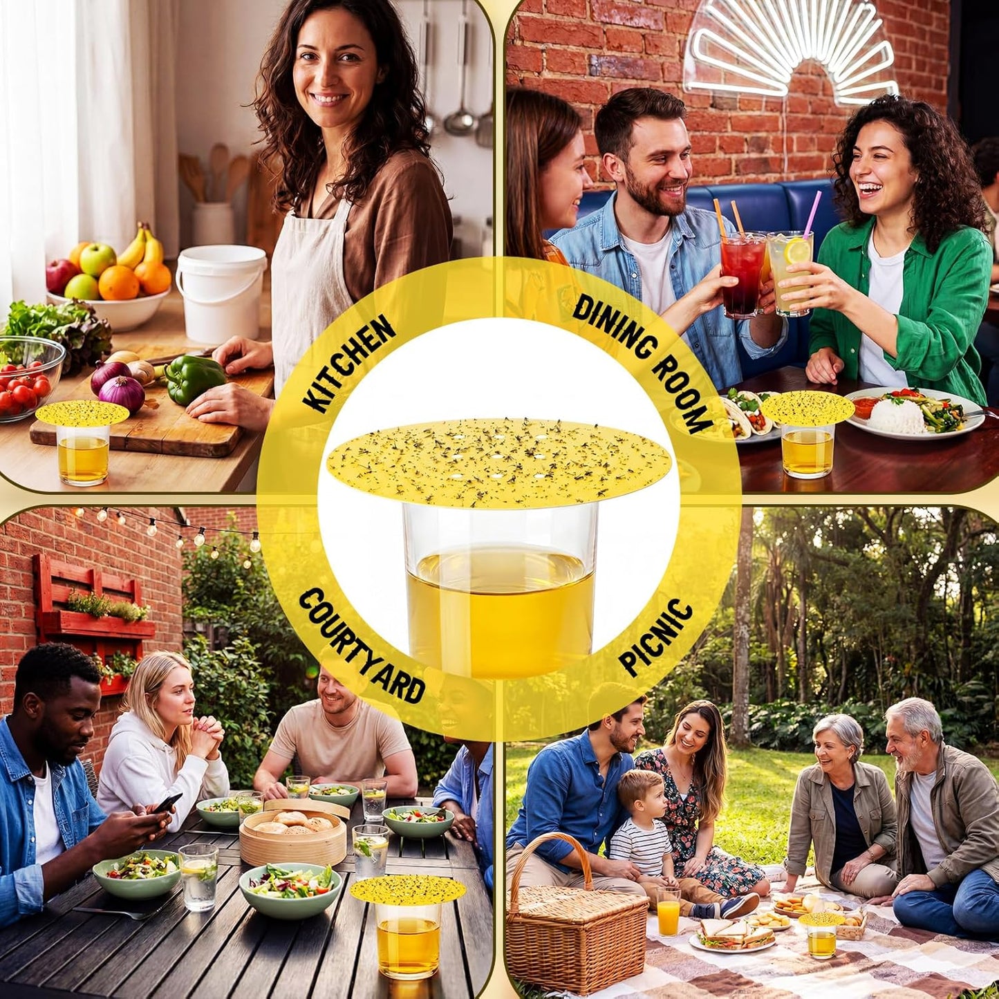 100 Pack Fruit Fly Trap Covers, Single-Sided Sticky Paper Lids, 8 Vent Holes for Vinegar/Wine Bait, Fits Cups & Jars for Indoor Kitchen & Pantry Gnat Control (Round,Yellow)