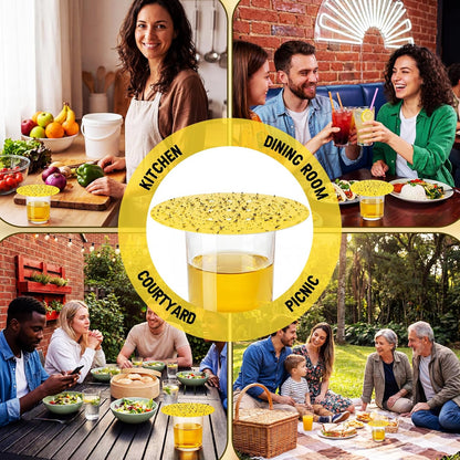 100 Pack Fruit Fly Trap Covers, Single-Sided Sticky Paper Lids, 8 Vent Holes for Vinegar/Wine Bait, Fits Cups & Jars for Indoor Kitchen & Pantry Gnat Control (Round,Yellow)