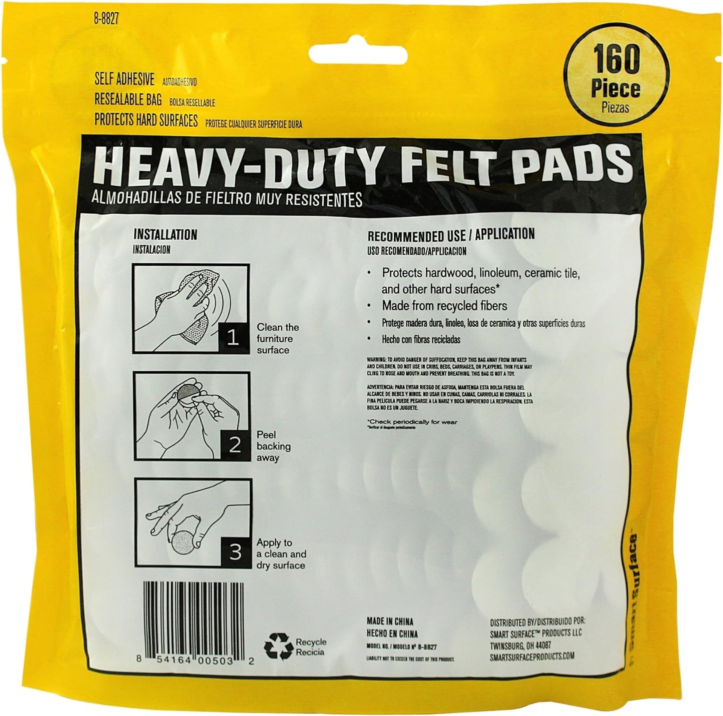 Smart Surface 8827 Heavy Duty Self Adhesive Furniture Felt Pads 1-Inch Round Brown 160-Piece Value Pack in Resealable Bag