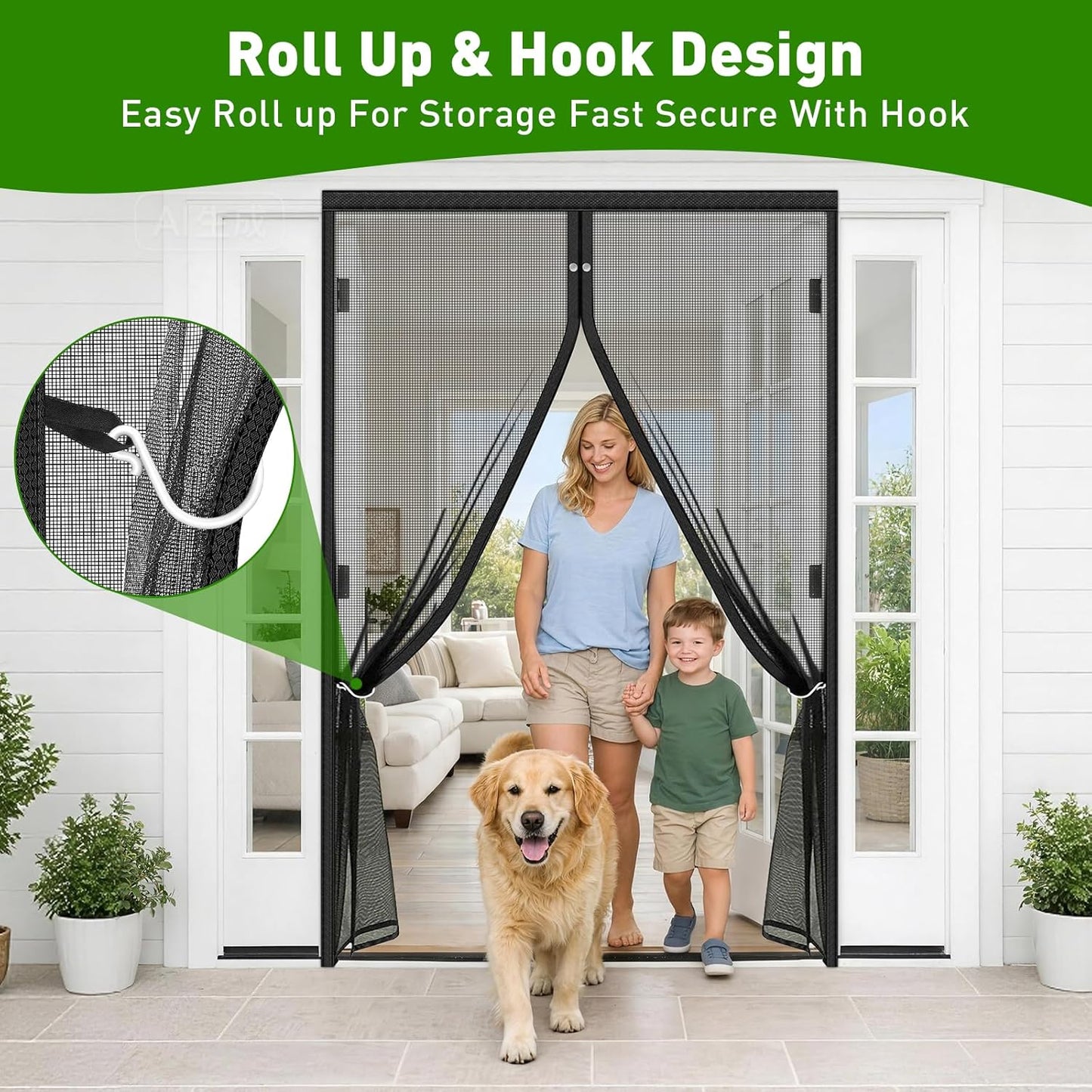 HOFUDON Upgraded Magnetic Screen Door Mesh, Full Strip Magnets, Heavy Duty Fiberglass Mesh, Door Screen Magnetic Closure for Single Door Size 32 x 80 Inch, Screen Door Size 35 x 82 Inch Black