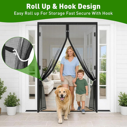 HOFUDON Upgraded Magnetic Screen Door Mesh, Full Strip Magnets, Heavy Duty Fiberglass Mesh, Door Screen Magnetic Closure for Single Door Size 32 x 80 Inch, Screen Door Size 35 x 82 Inch Black