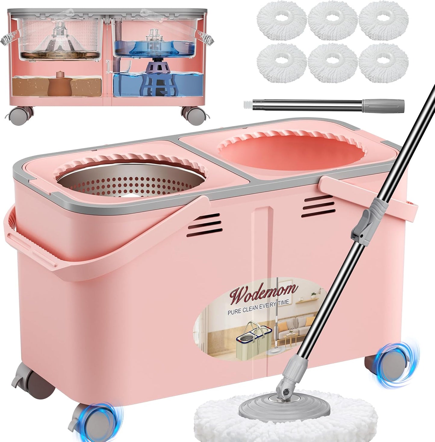2026 Upgraded Gen 2 Spin Mop and Bucket Set with 4 Swivel Wheels for Easy Rolling, Separates Clean & Dirty Water, Floor Mop with 6 Washable Mop Heads for Wood, Tile, Vinyl, Baseboards - Grey/Blue
