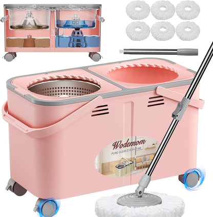 2026 Upgraded Gen 2 Spin Mop and Bucket Set with 4 Swivel Wheels for Easy Rolling, Separates Clean & Dirty Water, Floor Mop with 6 Washable Mop Heads for Wood, Tile, Vinyl, Baseboards - Grey/Blue