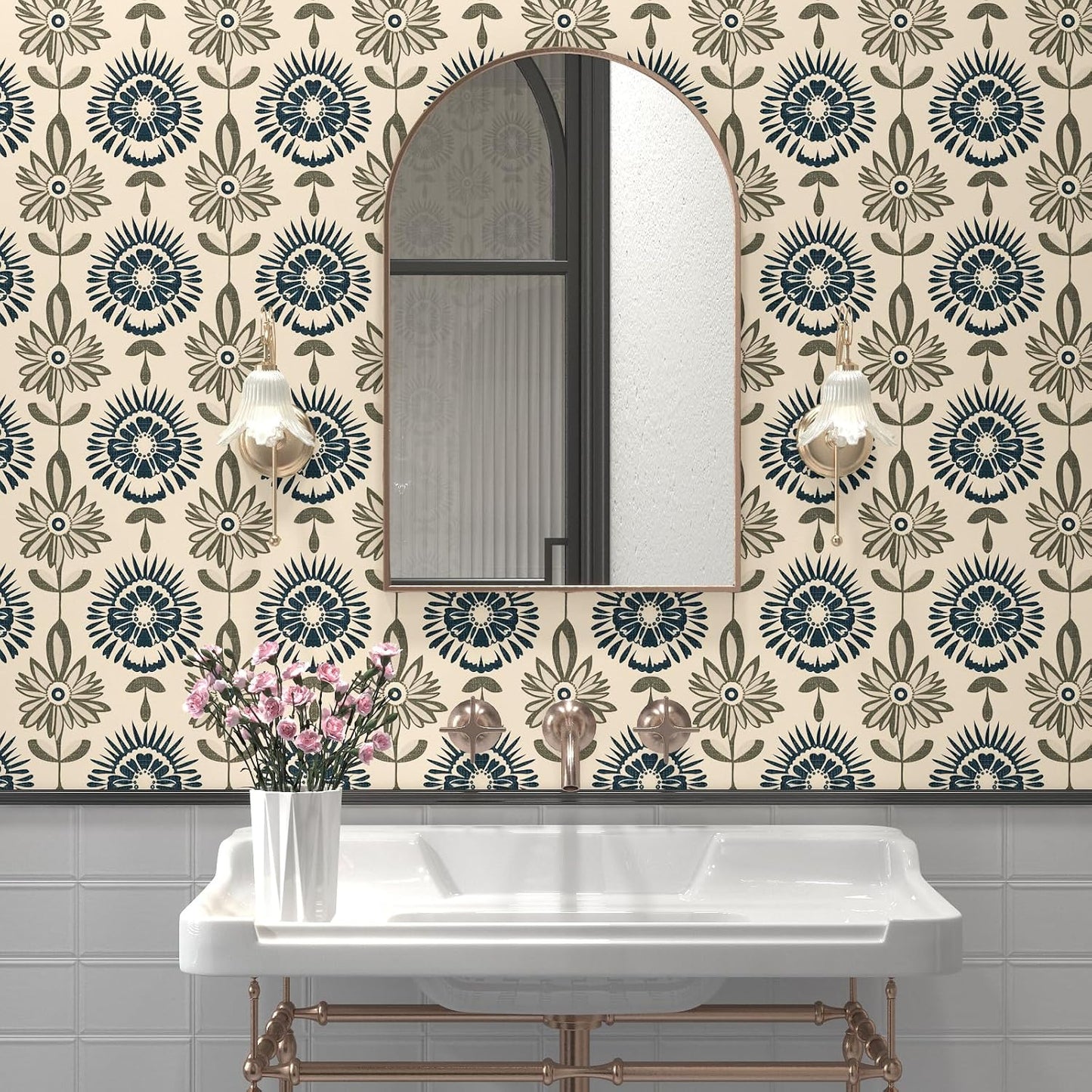 BOKEBEVE Leaves Contact Paper Floral Wallpaper Stick and Peel Boho Damask Wall Paper for Liner Drawer Cabinet Backsplash Renter Friendly Waterproof 17.5 x 118In