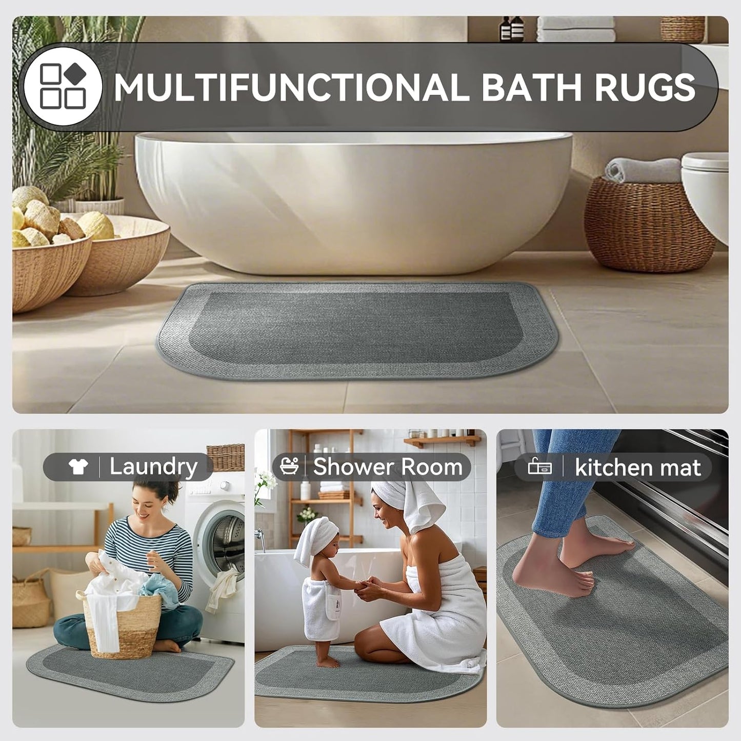 YDKGL Ultra Thin Bathroom Rugs Mat Quick Dry Absorbent Non Slip Bath Mat Bath Mats for Bathtub Mat Bathroom Carpet Fit Under Door Washable Floor Rubber Half Round Bath Rugs Grey 16x24