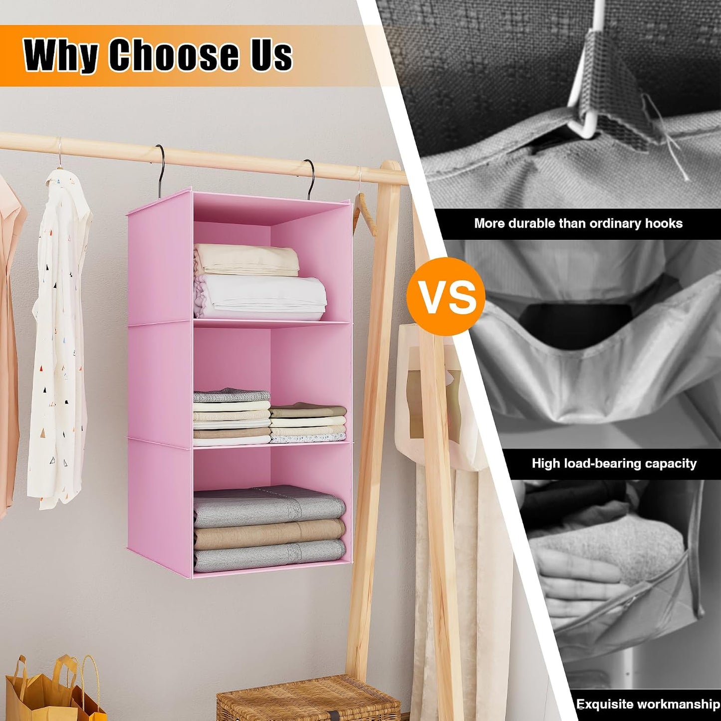 Hanging Closet Organizer 3-Shelf, Oxford Fabric Wardrobe Storage, Gray | Easy-mount foldable design holds clothes, handbags, shoes & accessories; washable Oxford fabric, sturdy and space-saving.