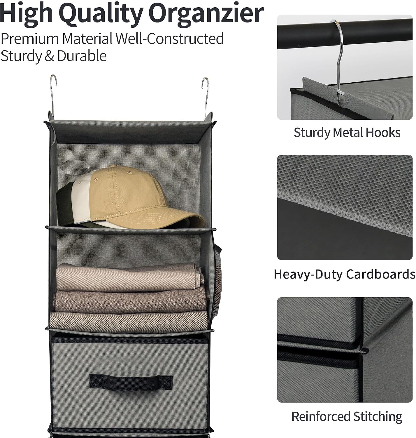 GRANNY SAYS Hanging Closet Organizer 6 Shelves, Closet Organizers and Storage with 5 Drawers, 6 Side Pockets Closet Hanging Organizer, Hanging Storage Organizer for Closet, Baby Clothes, Gray