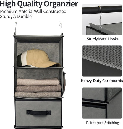 GRANNY SAYS Hanging Closet Organizer 6 Shelves, Closet Organizers and Storage with 5 Drawers, 6 Side Pockets Closet Hanging Organizer, Hanging Storage Organizer for Closet, Baby Clothes, Gray