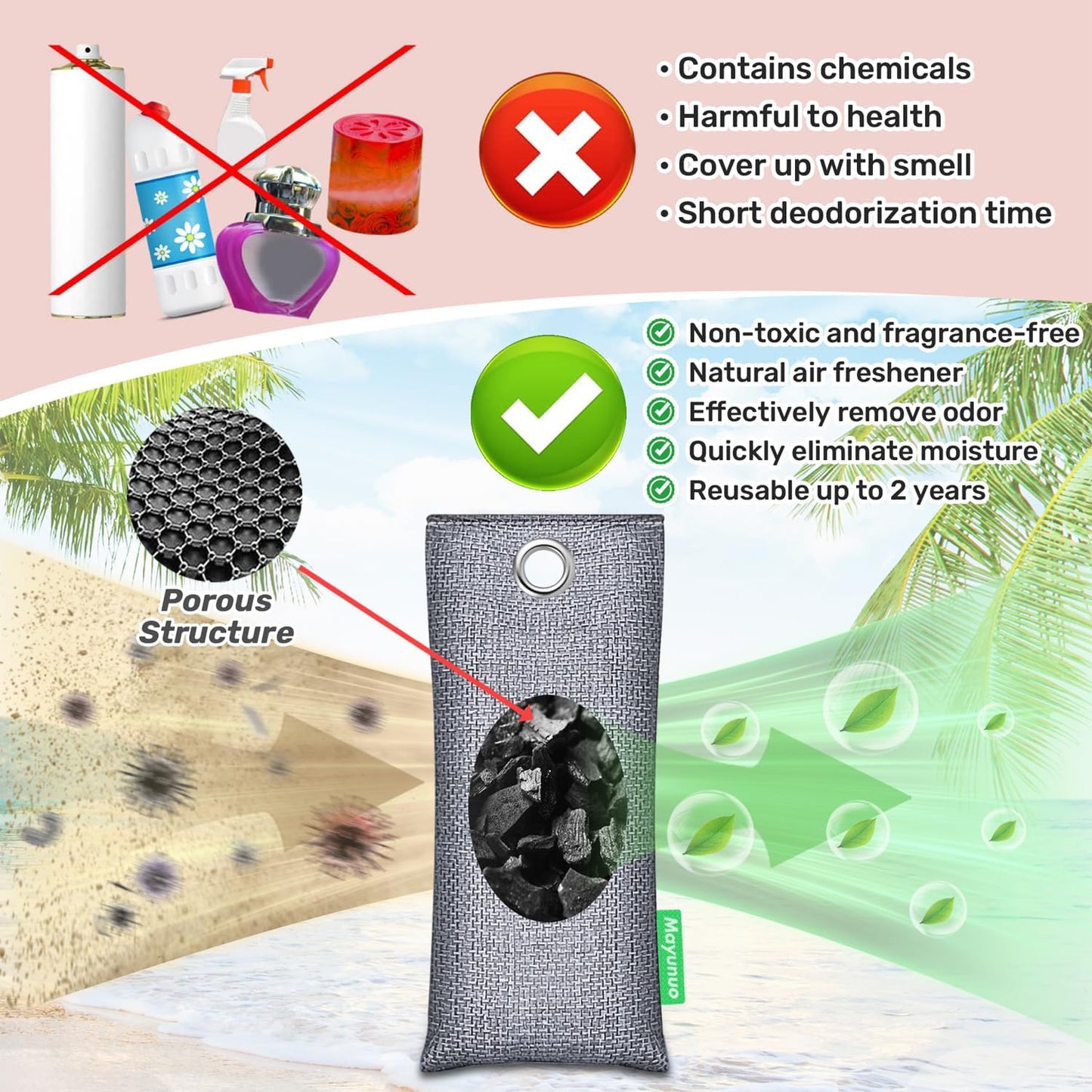 Activated Charcoal Odor Absorber, Natural Shoe Deodorizer Insert, Sneaker Odor Eliminator and Moisture Absorbers. 6 Pack Bamboo Charcoal Air Purifying Bags Shoe Smell Remover
