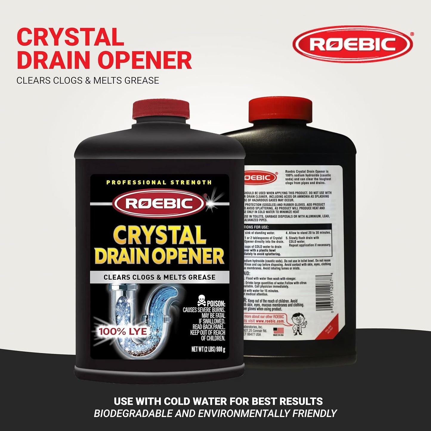 Roebic Liquid Drain Cleaner, Kitchen Sink Grease and Pipe Clog Remover, Professional Strength, 32 fl oz (1 Quart)
