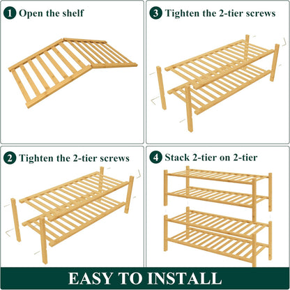 Smiry Bamboo Shoe Rack for Closet, 3 Tier Wooden Shoe Organizer, Stackable Wood Shoe Storage Shelf for Entryway, 14 Vertical Slats, One-piece Heavy-Duty Legs, 26.77"x11.02"x18.31", Natural