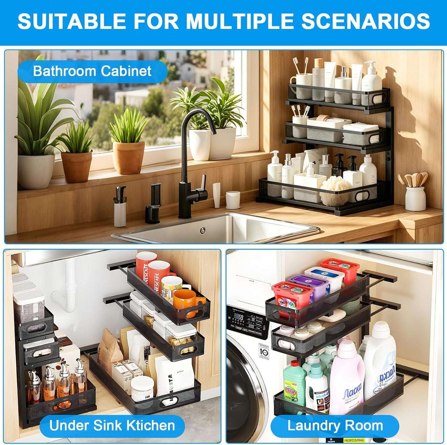 2-Tier bathroom cabinet organizer, bathroom organizers and storage with Adjustable Removable Dividers,Under Sink Organizing,Under Sink and Pull-Out Cabinet Organizer for Kitchen and Pantry Storage