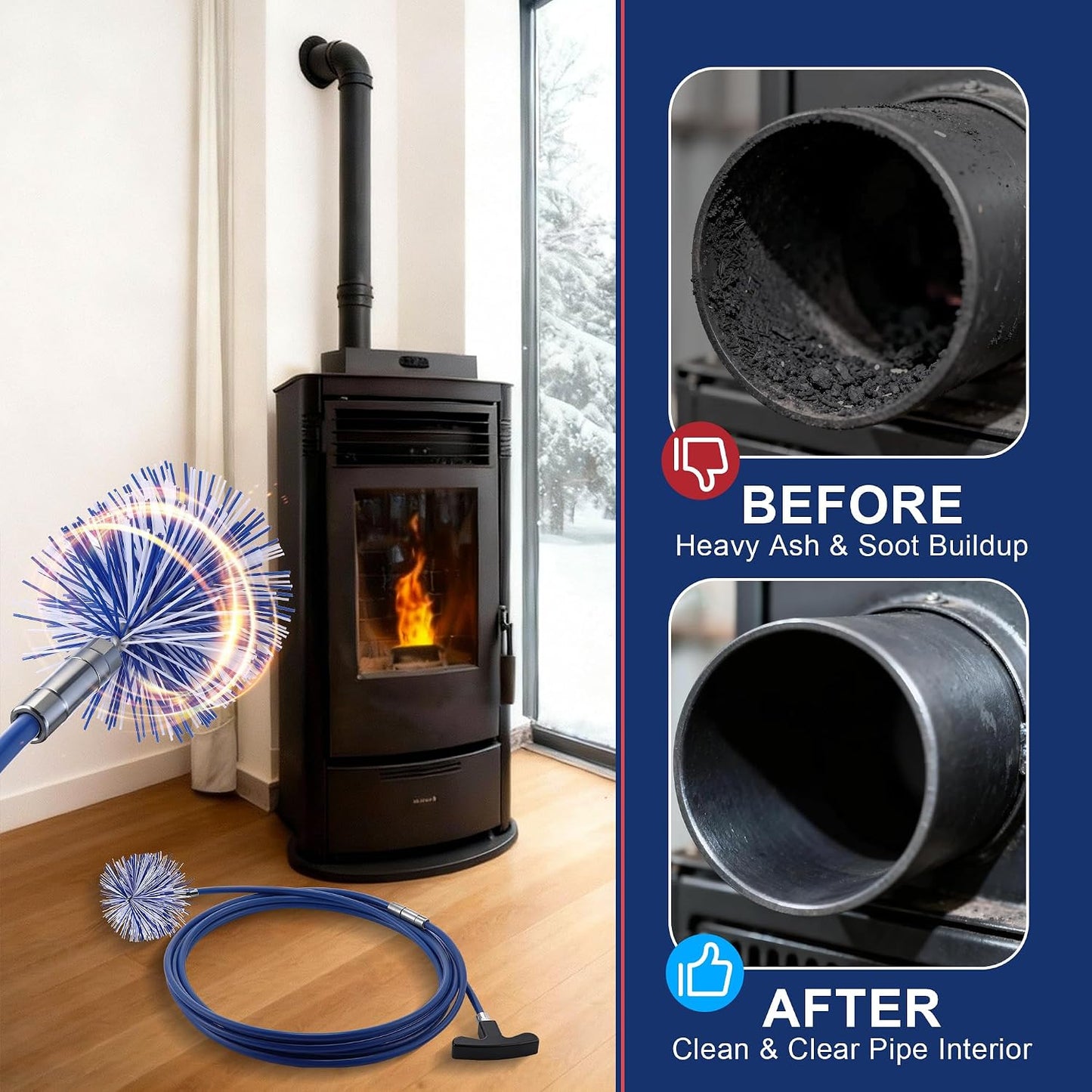 Dreyoo Pellet Stove Cleaning Brush Kit, 20 FT Flexible Steel Rod with 3" Brush Head, T Handle, Multi Purpose Flue Detail Cleaner, Nylon Stove Flue Pipe Kit for Pellet Furnace Exhaust Pipes
