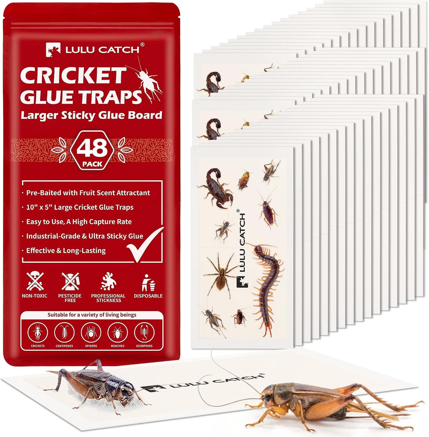 LULUCATCH Cricket Insect Glue Traps - 6 Pack Bug Cockroach Sticky Traps, Large Spider Trap with Pre-Baited Attractant, Highly Effective Glue Boards Indoor, Non-Toxic Pet Safe, Easy to Use