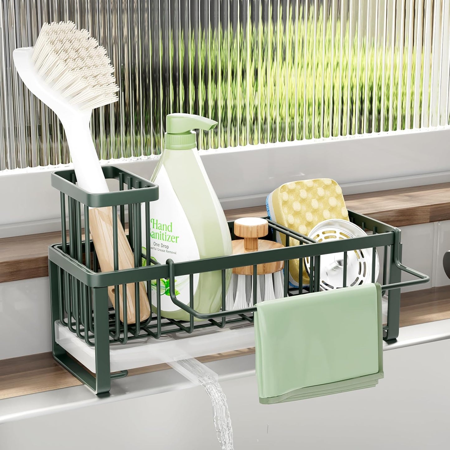 SWTYMIKI Sink Caddy Sponge Holder - Large Sponge Holder for Kitchen Sink with 360°Auto-Drain Tray, Rustproof Stainless Steel Kitchen Organizer Caddy for Countertop Organization