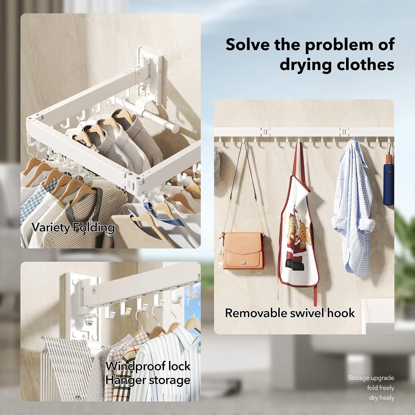 Clothes Drying Rack Wall Mounted,Drying Rack Clothing,Laundry Drying Rack Wall Mount,Collapsible Drying Racks for Laundry,Retractable,Foldable,Clothes Hanger Rack,Clothes Dryer Rack,White Color