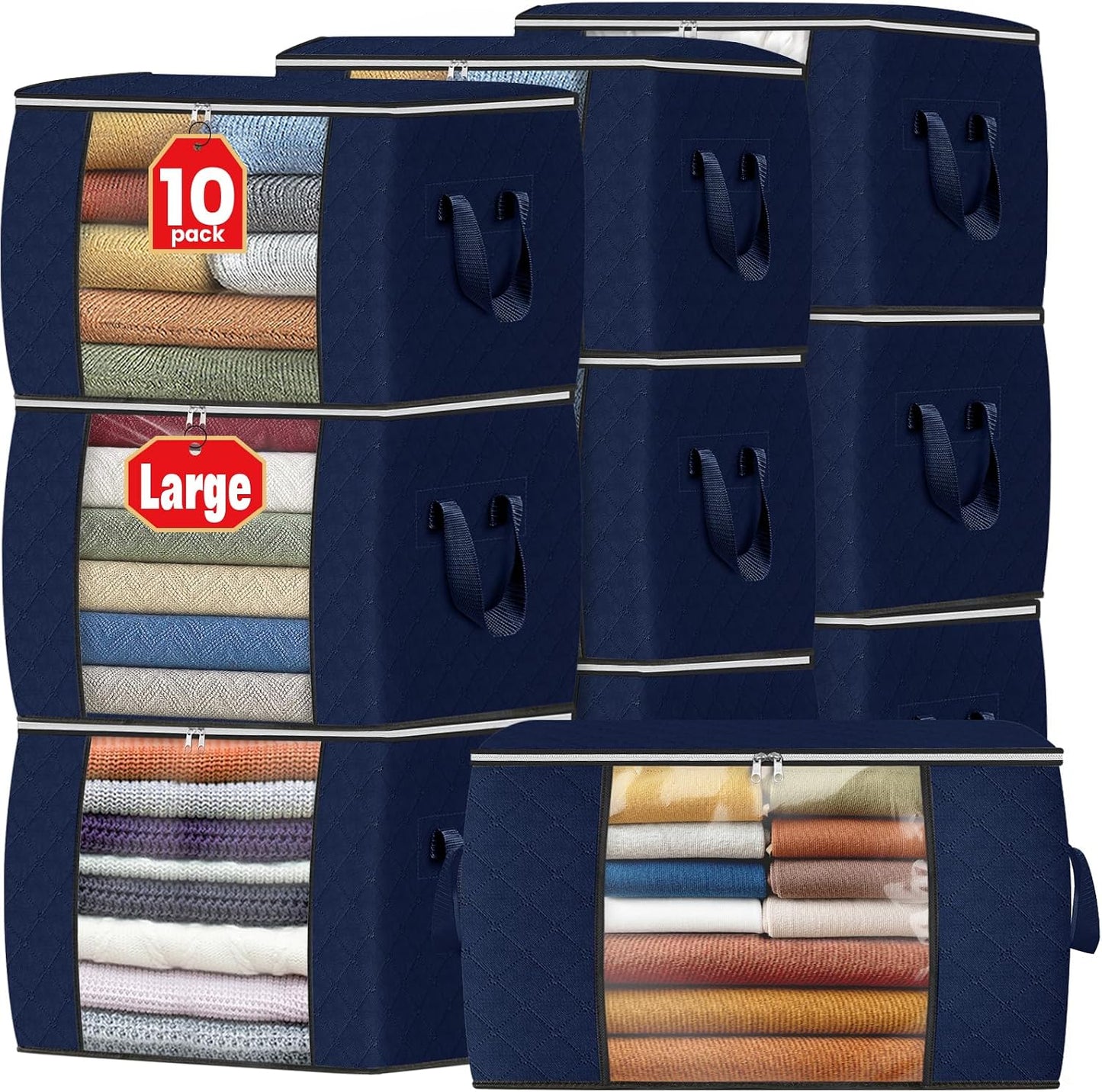 Fab totes 6 Pack Storage Bags for Clothes and Blanket, Foldable Closet Organizers and Storage with Zippers, Clear Window and Handles, Fabric Storage Bins for Sweater, Comforter, Bedding,Linen Sheets