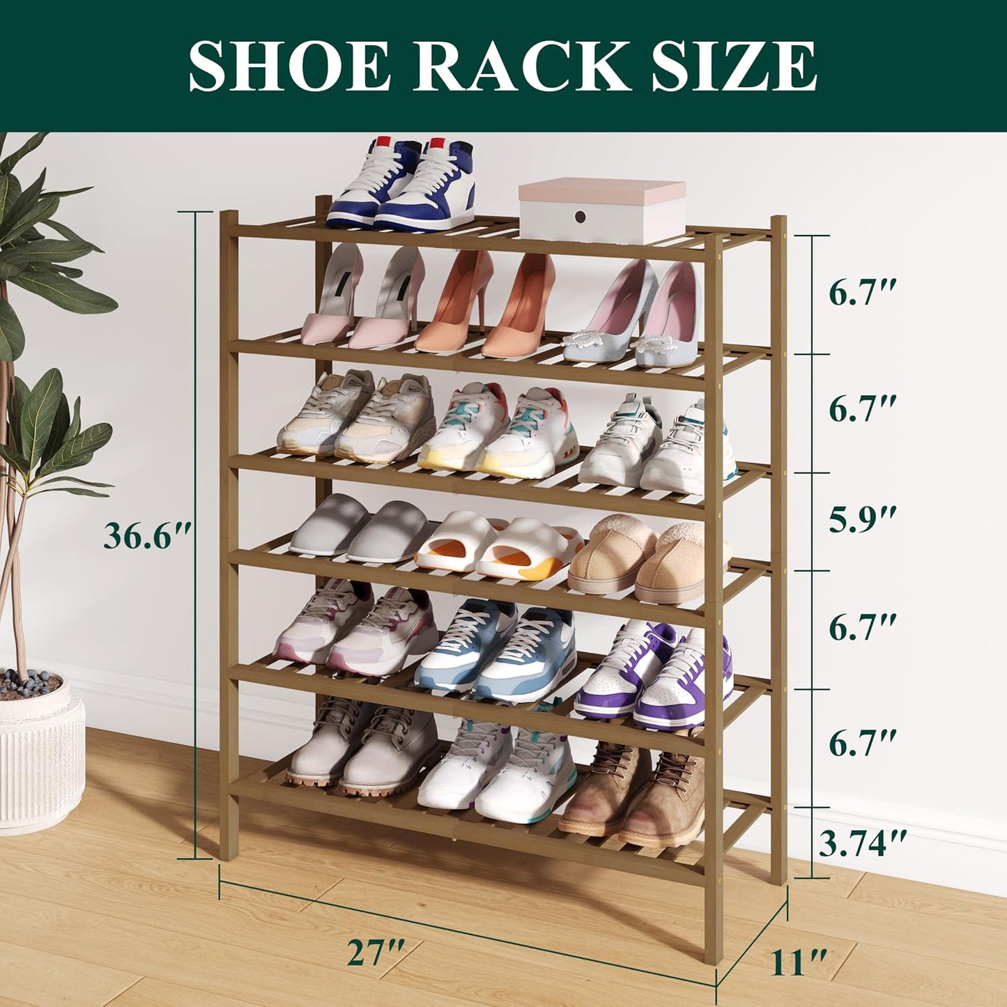 Smiry Bamboo Shoe Rack for Closet, 3 Tier Wooden Shoe Organizer, Stackable Wood Shoe Storage Shelf for Entryway, 14 Vertical Slats, One-piece Heavy-Duty Legs, 26.77"x11.02"x18.31", Natural