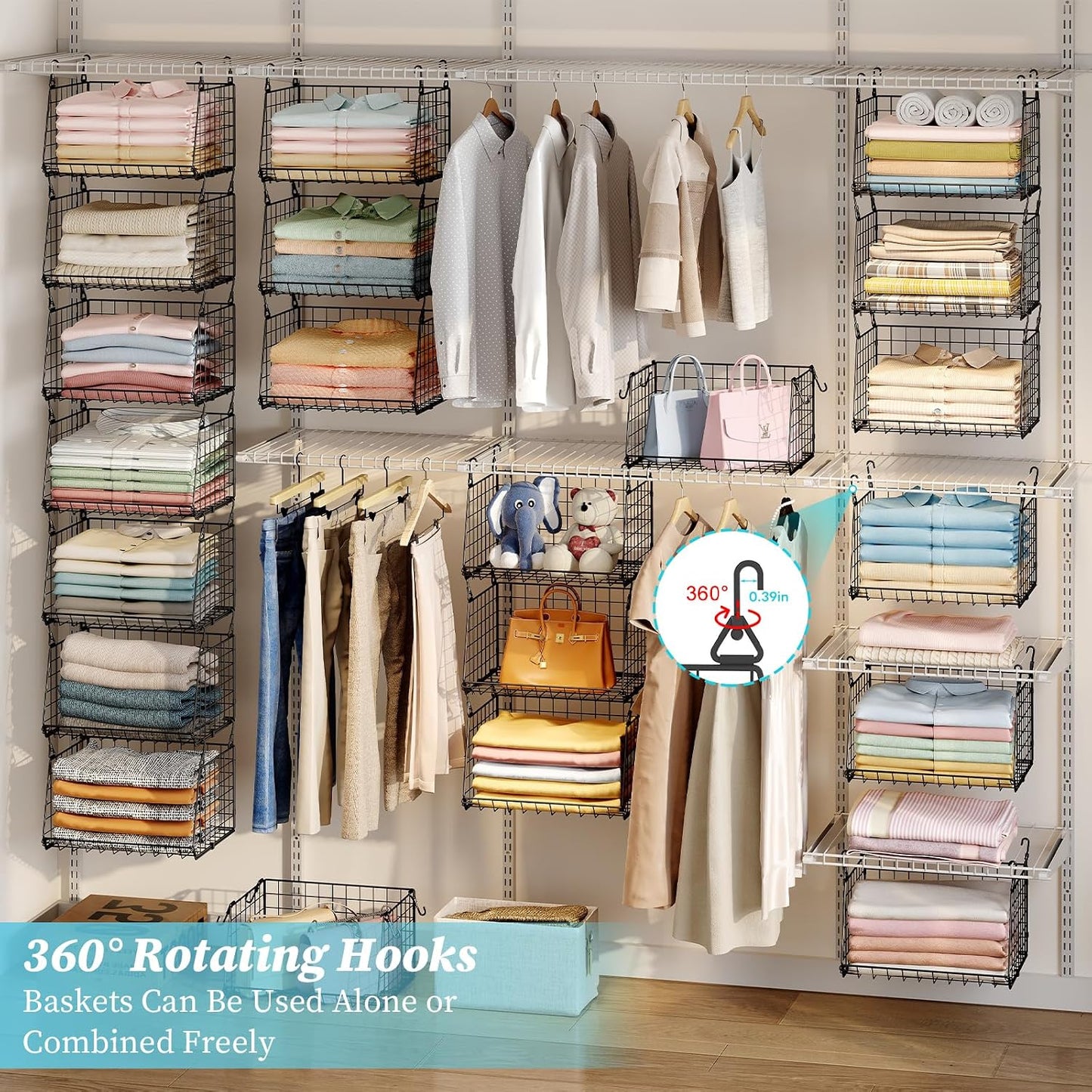 4-Tier Hanging Laundry Room Organizer: Foldable Wire Shelf Basket with 2 Large Hooks 1.65" & 360°Rotating Hooks – Space-Saving Laundry Storage Basket, for Wardrobe Closet Storage, White Patent