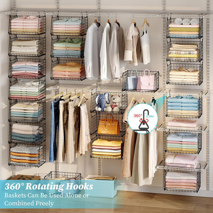 4-Tier Hanging Laundry Room Organizer: Foldable Wire Shelf Basket with 2 Large Hooks 1.65" & 360°Rotating Hooks – Space-Saving Laundry Storage Basket, for Wardrobe Closet Storage, White Patent