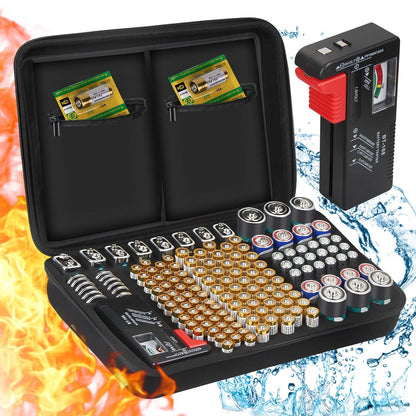 Battery Storage Box Hard Case Holds 148 Batteries (AA, AAA, C, D, 9V), Waterproof Fireproof Battery Organizer with Tester